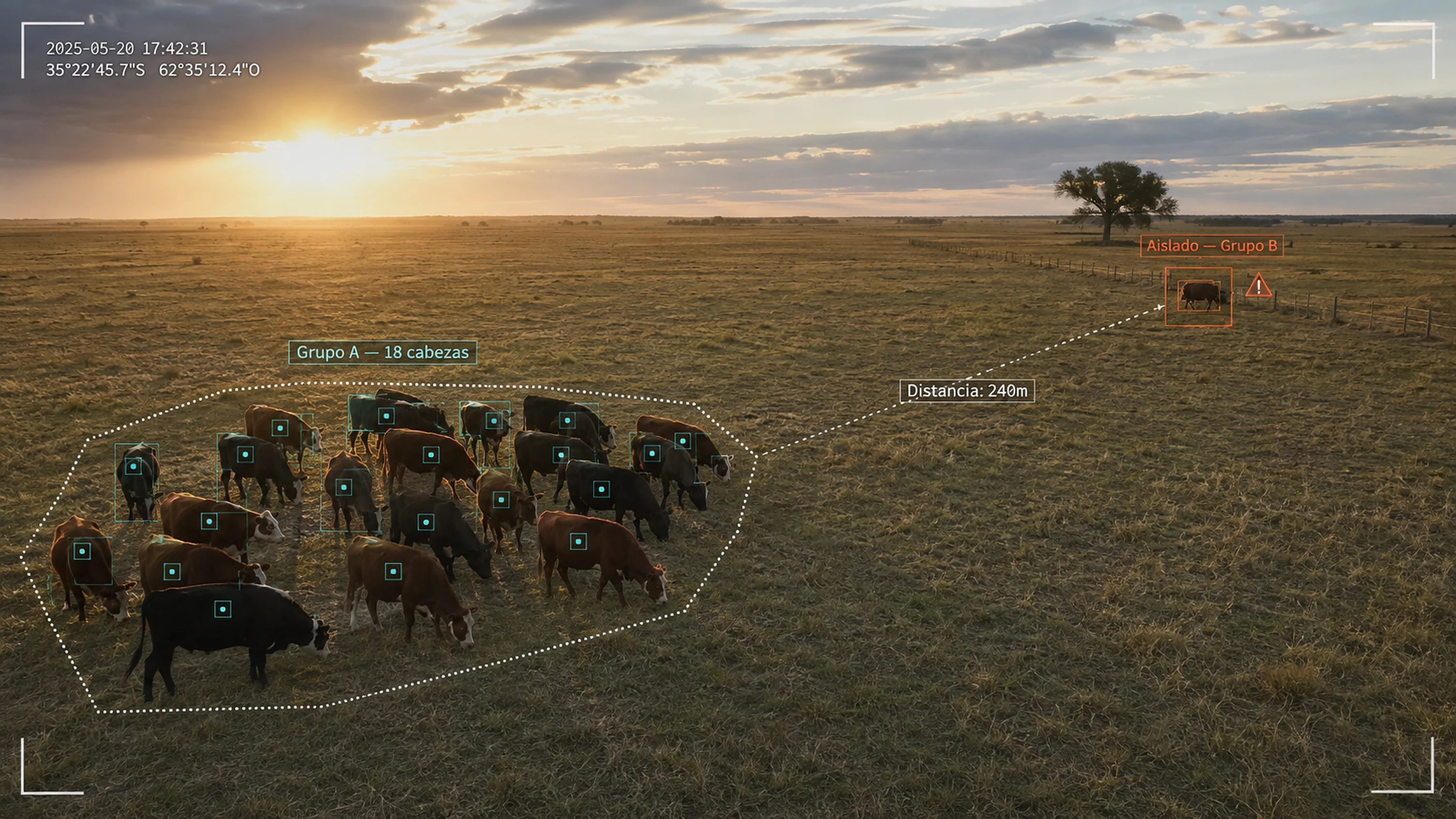 Vista de cámara con el Grupo A detectado y agrupado, y un animal marcado como aislado del resto a 240 metros