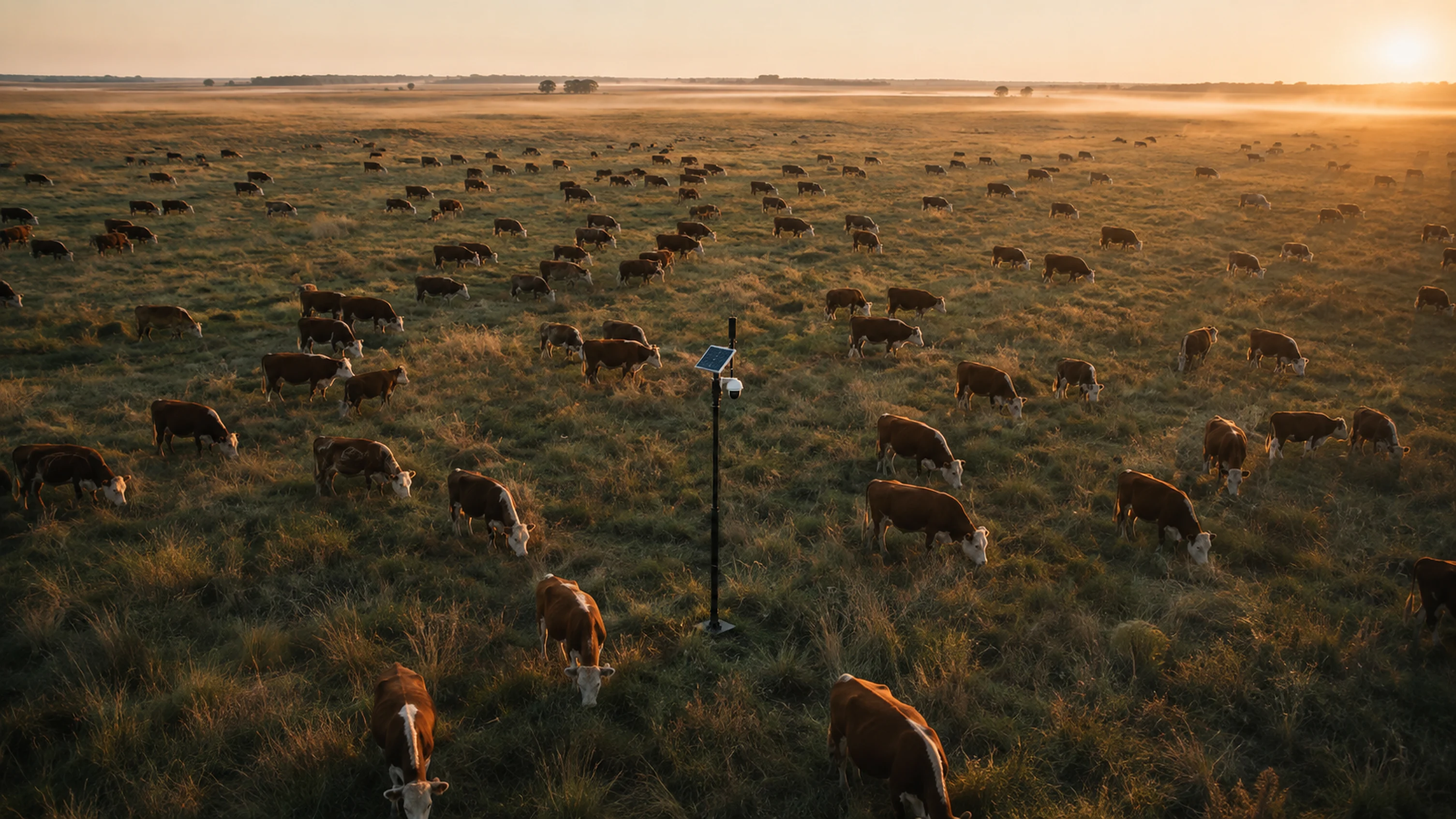 Tótem de Cownter instalado en un campo con hacienda pastando al amanecer