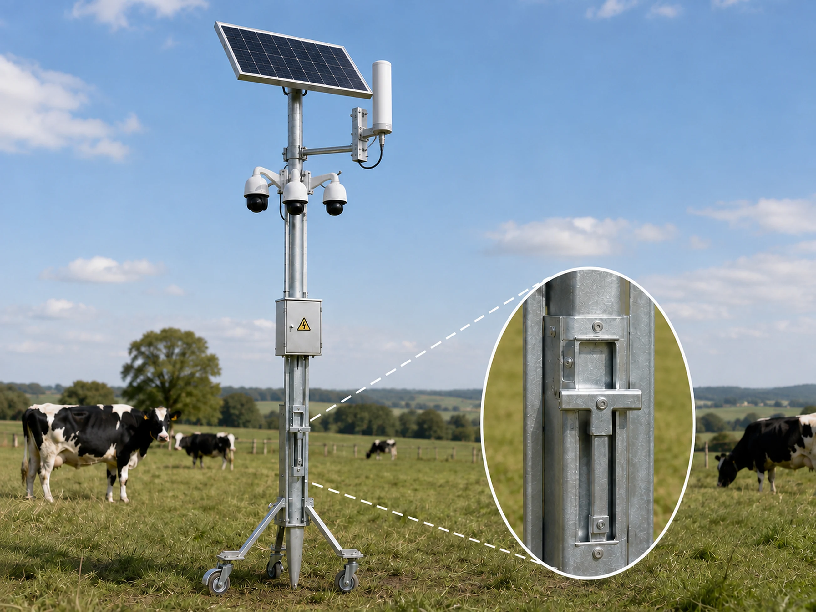 Tótem de Cownter real instalado en un campo con hacienda, con detalle del mástil telescópico